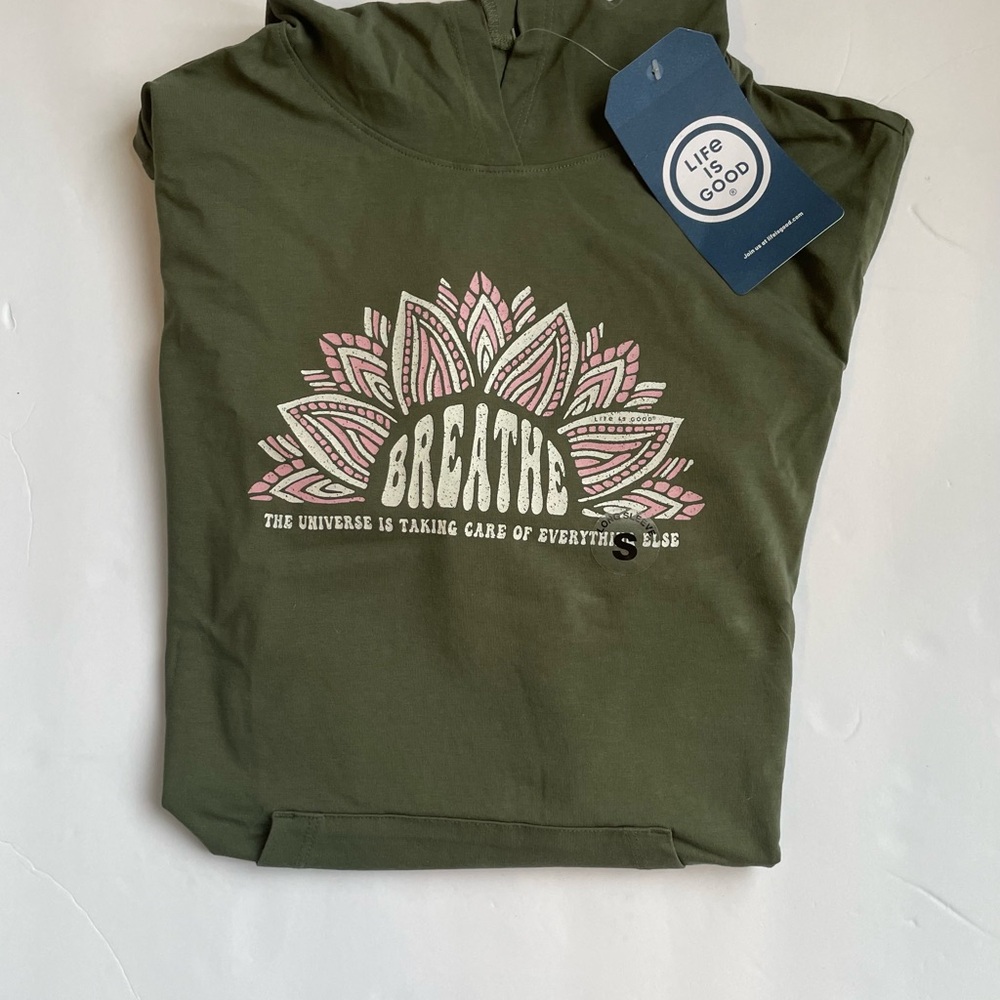 NWT Life is Good Green Hooded Long Sleeve Tee